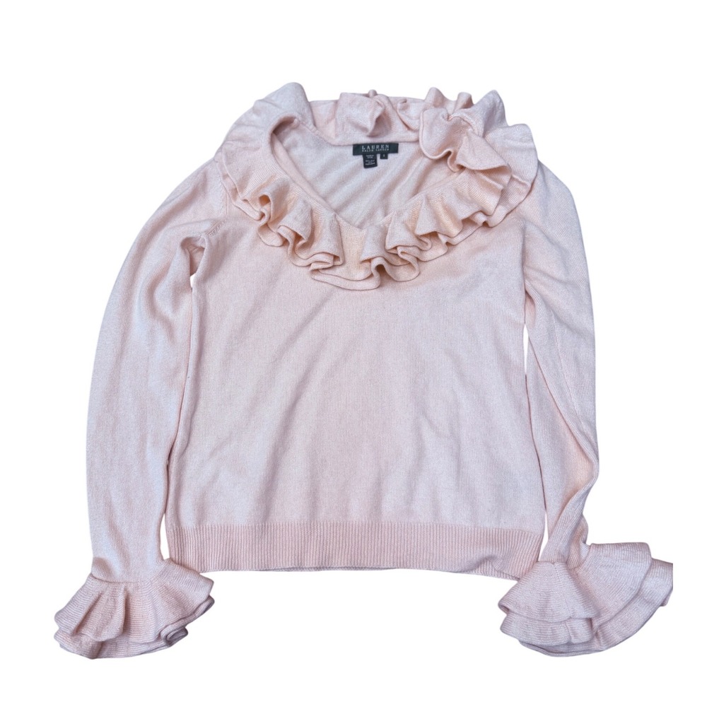 Lauren Ralph Lauren Pink Silk Cashmere Ruffle Neck Sweater Small